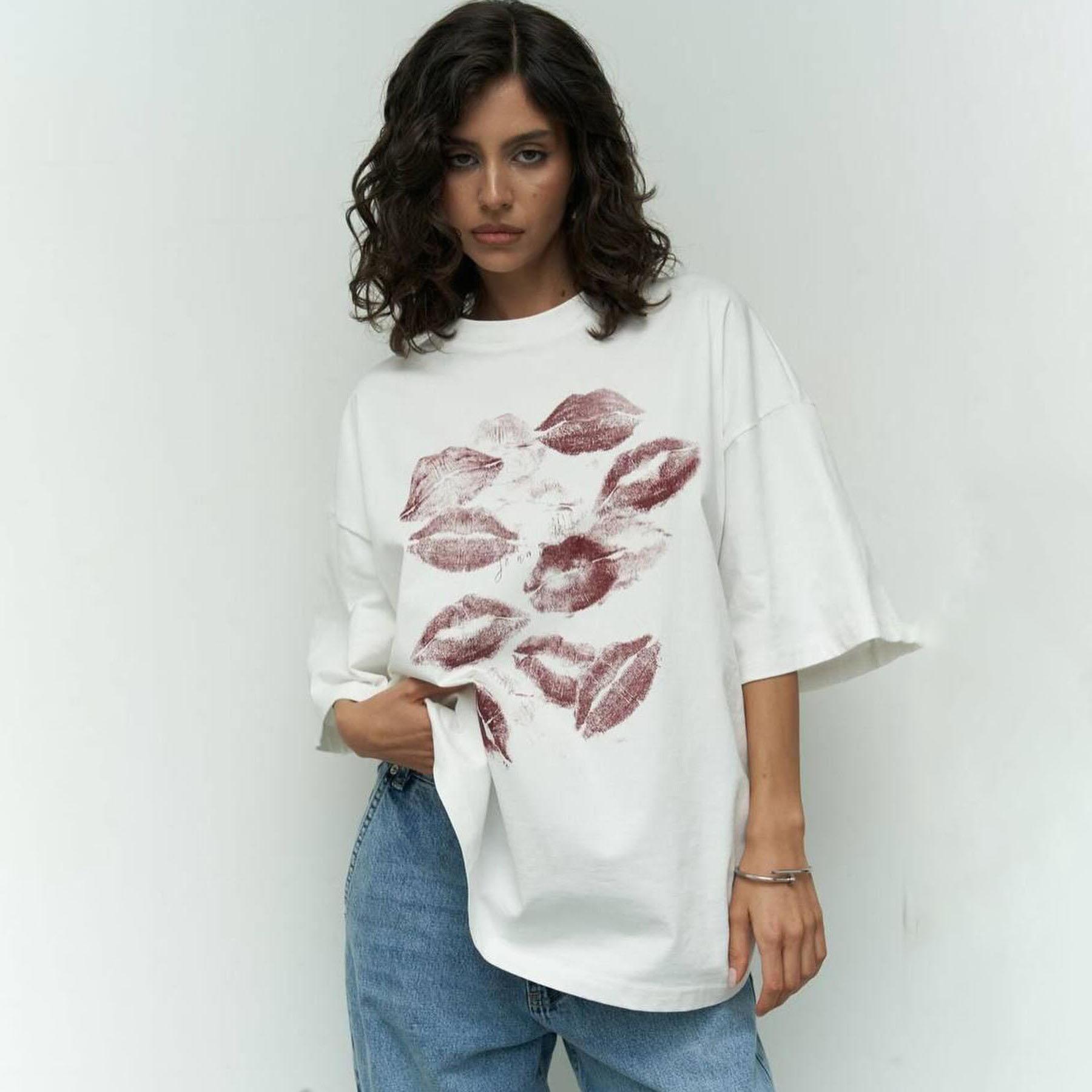 

Летняя женская модная футболка с круглым вырезом и коротким рукавом с принтом губ