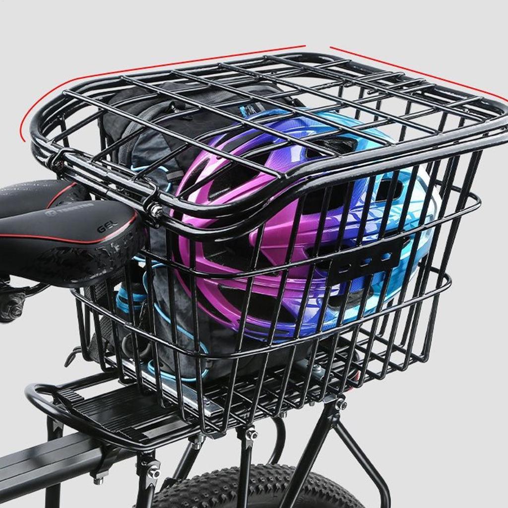 Bike Rear Basket Metal Large Rear Cycle Rack Frame Cycle Rear Shelf Schoolbag Cycle Storage Basket with Lid Cycling Basket