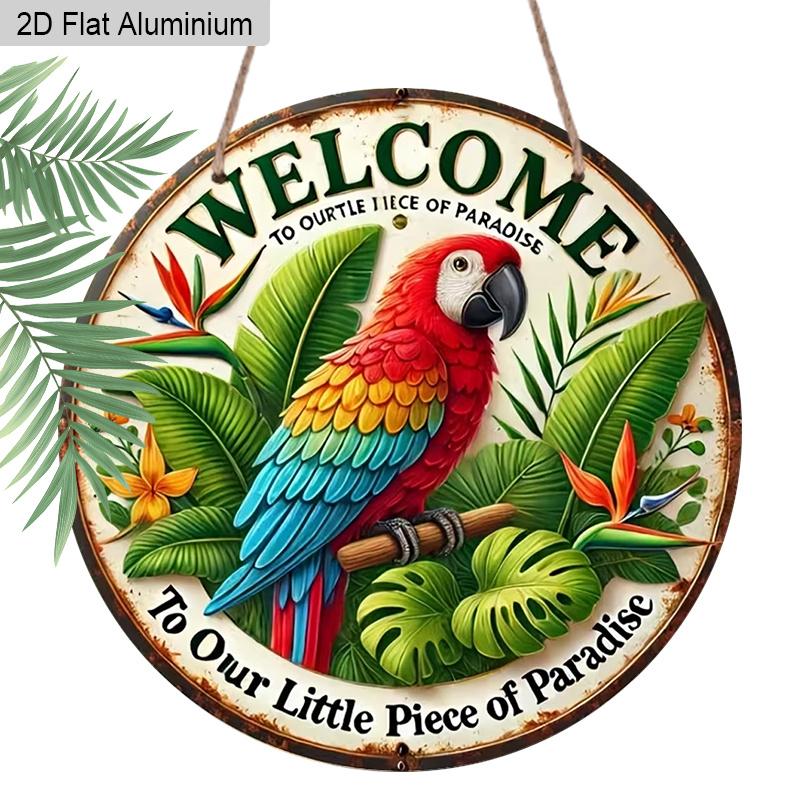 

2D Flat Aluminum Tiki Bar Decor Welcome Sign Round Metal Sign with Cute, Summer Beach Poolside Patio Porch Wall Art Decoration, Pre-Drilled Holes for 1pc