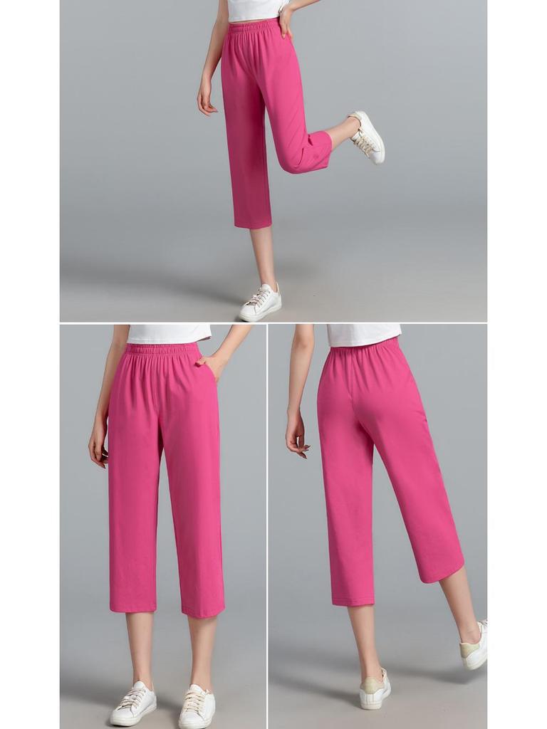 Women's Summer Cotton Breathable High-Waist Loose Straight Cropped Pants
