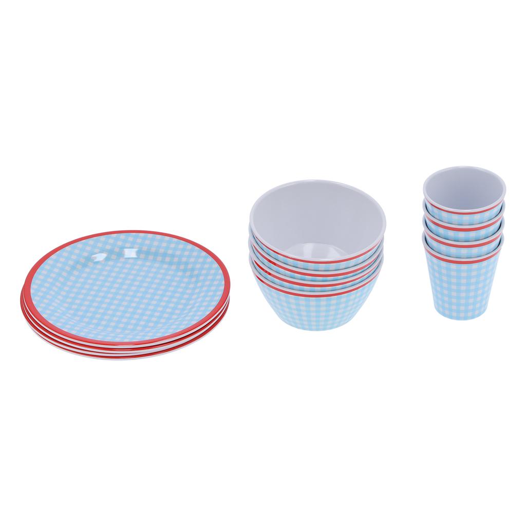 12 Stück/Set Haushaltsgeschirr Hellblaues Gitter Tasse Schüssel Teller für Zuhause Küche Restaurant