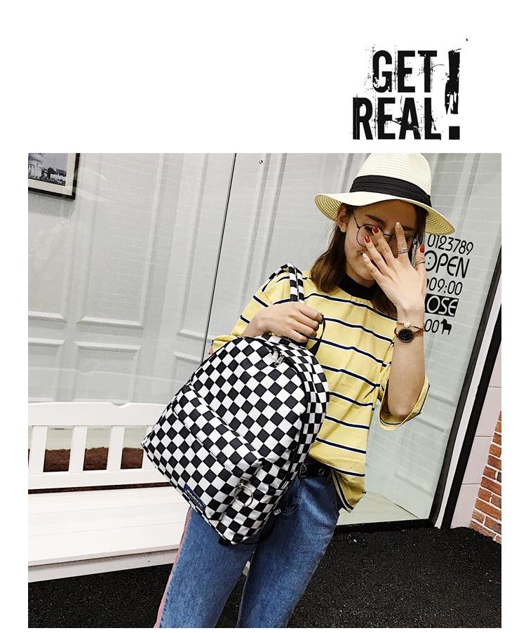 2018 Black & White Checkered Nylon Backpack – Casual Outdoor Women's Student Bookbag