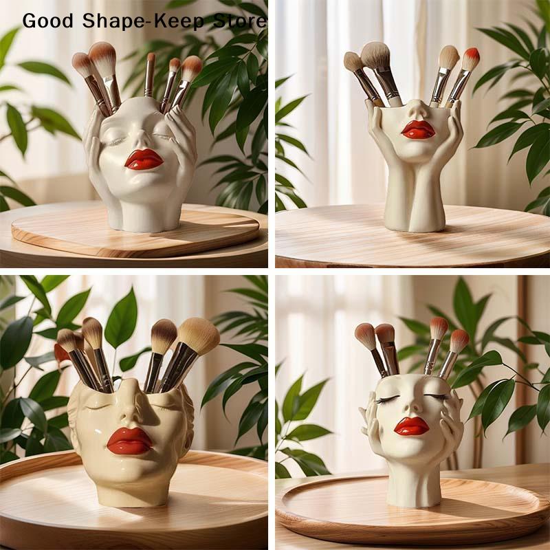 Female Contour Design Pen Holder Elegant Face Vase Decoration Handcrafted Artistic Female Form Head Vase Makeup Brush Holder