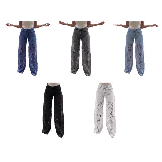 Casual Baggy Wide Leg Denim Pants with Lace Patchwork and Floral Hollow Out Design