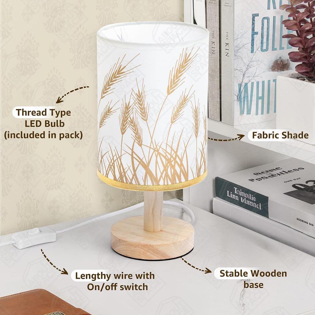 Noční lampička - Stolní lampička na čtení k posteli s dřevěnou základnou s motivem pšenice na noc, do ložnice, obývacího pokoje, domov a dekorace