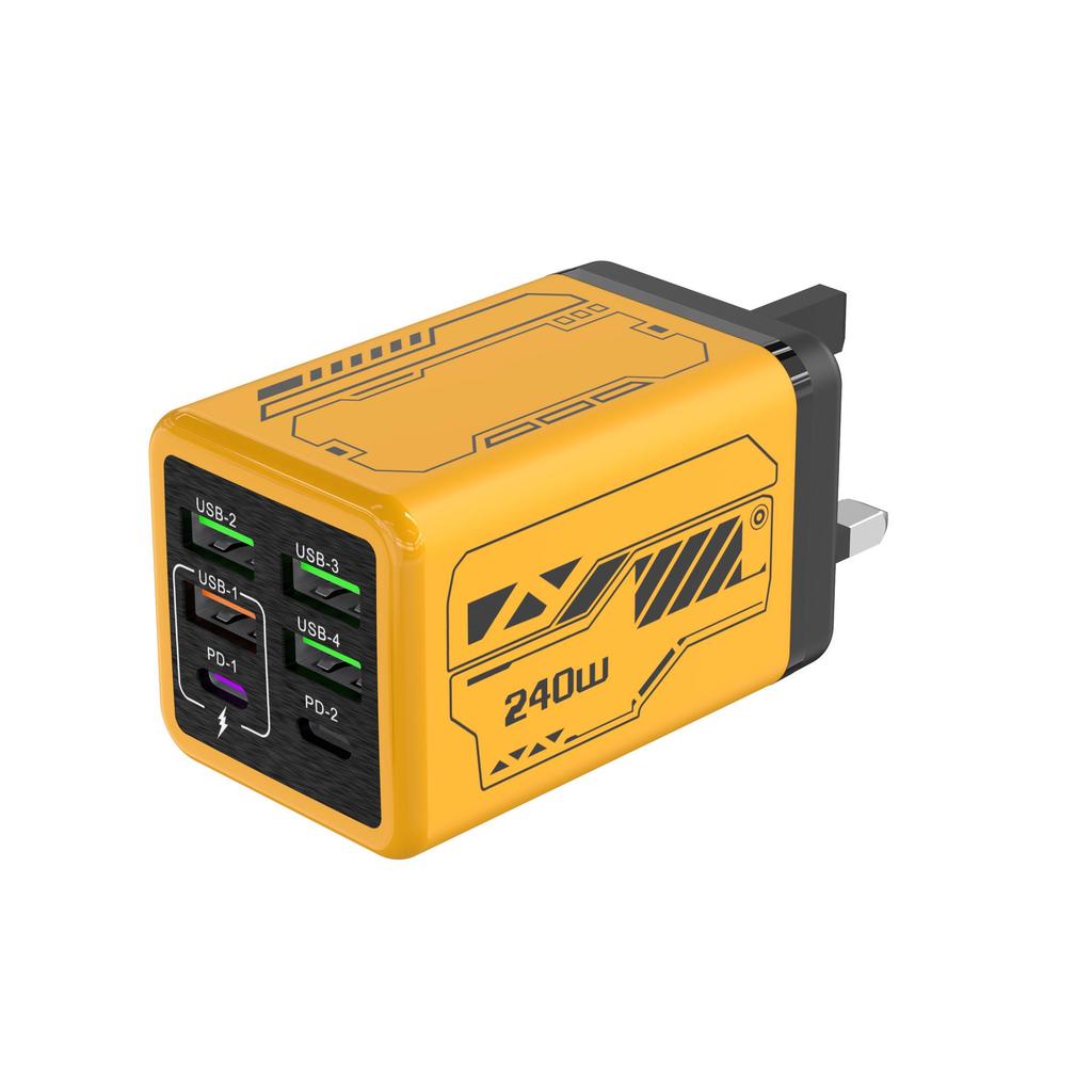 Mecha Style PD240W Fast Charger: 4-USB & 2-Type-C Ports, Compatible with Apple & Huawei Devices