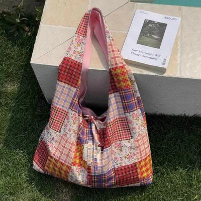 Sacs d'épaule réversibles à carreaux rétro pour femmes Grande capacité Sacs d'aisselle pour dames Patchwork décontracté Sacs à main légers pour femmes Sacs fourre-tout