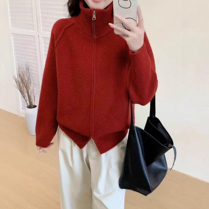 New Simple Temperament Stand-up Collar Double Zipper Knitted Cardigan Women's Shoulder-plugged Reverse Cover Long-sleeved Thick Coat