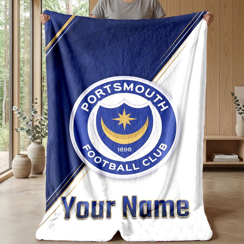 Portsmouth FC Custom Name Text Flannel Blanket Soccer Logo Personalized Fleece Throw Blanket Special Gift For Sofa Bedroom Home