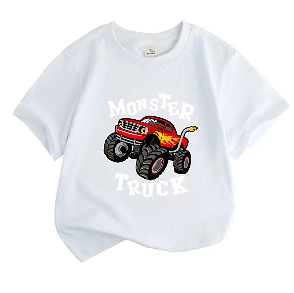Cartoon Monster Truck Print Kids Boys Girls 100% Cotton O-neck Short Sleeve T-Shirt, Casual Lightweight Tees for Toddlers Children Daily Wear