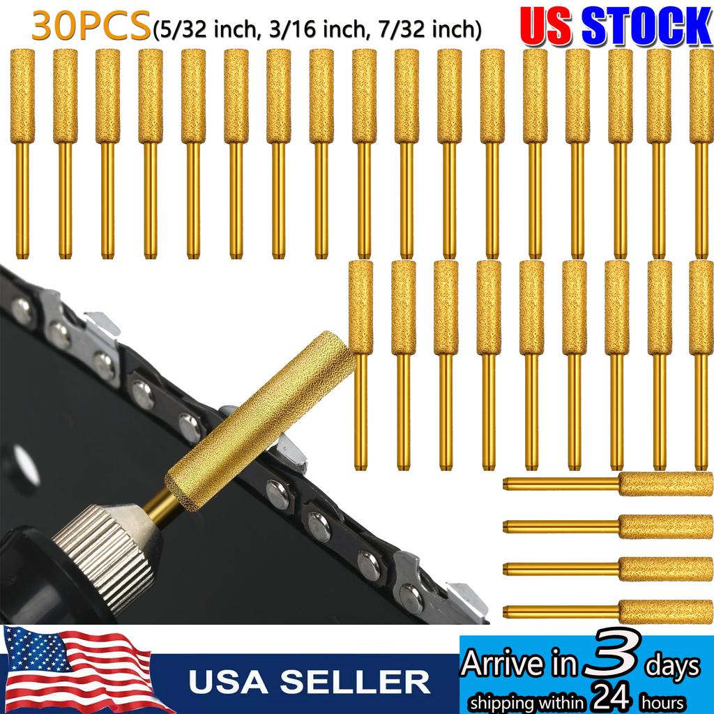 30pcs Diamond Chainsaw Sharpener 1/8" Shank High Hardness Burr Grinding Stone Chainsaw Sharpening Bits 3 Sizes 5/32'', 3/16,7/32
