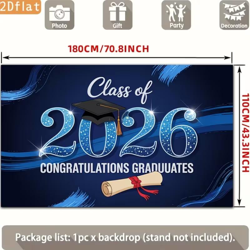 Blue Class of 2026 Graduation Backdrop, "Congratulations Graduates" with Cap and Diploma for Celebration