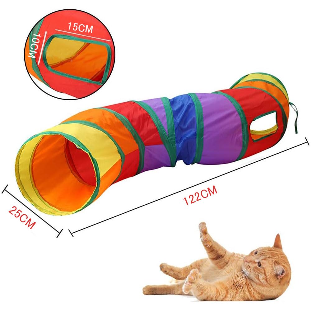 Samcos Cat Tunnel, Pet Toy, Long Rainbow Tunnel, 123cm, Washable, with Two Long S-Shaped Holes, Foldable, Easy to Store, Cat Play, Pet Toy, Exercise