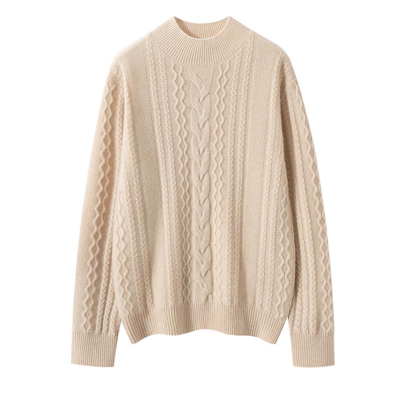 Women's Solid Color Twisted Flower Cable Knit Cashmere Sweater, Thickened Half-High Collar Slim Fit Base Layer Top