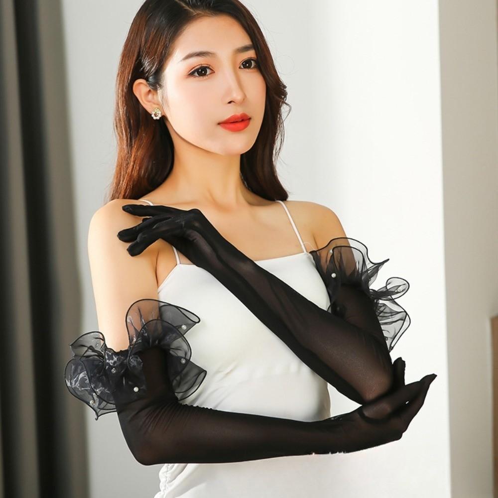 Elastic Women Long Mittens Wedding Dress Bridal Mesh Gloves Solid Lace Sleeves Gloves  Christmas