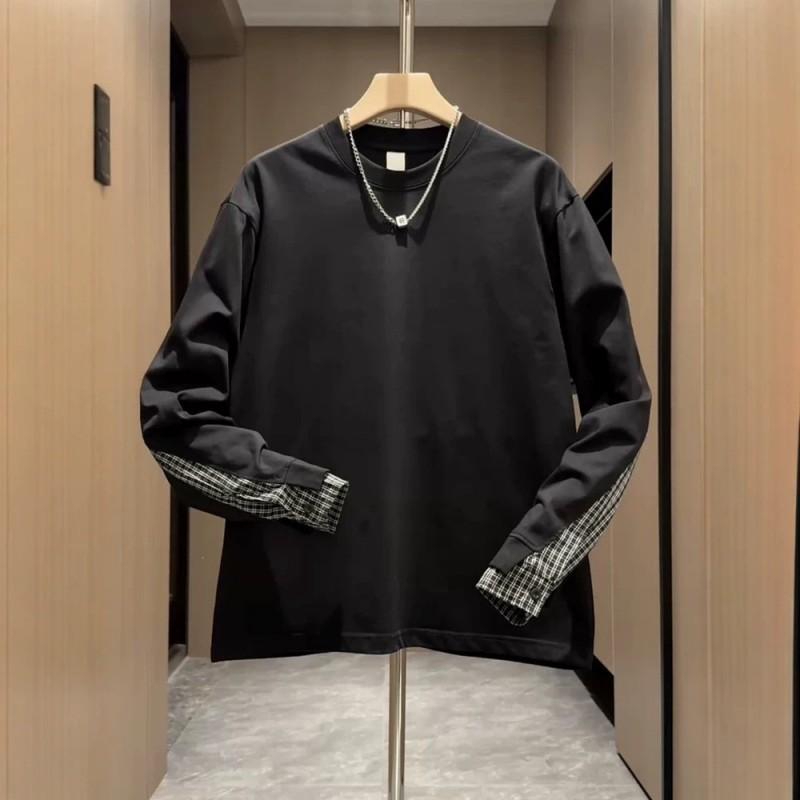 Mens Loose Fit Hoodless Sweatshirt Plaid Patchwork Long Sleeve Top Casual Streetwear Teens