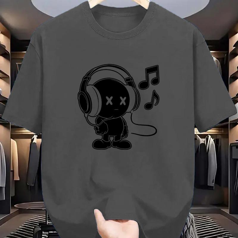 Summer Men's 100% Cotton Casual Loose Fit Plus Size Music Themed Printed Comfortable Sports Round Neck Short Sleeved T-shirt Top
