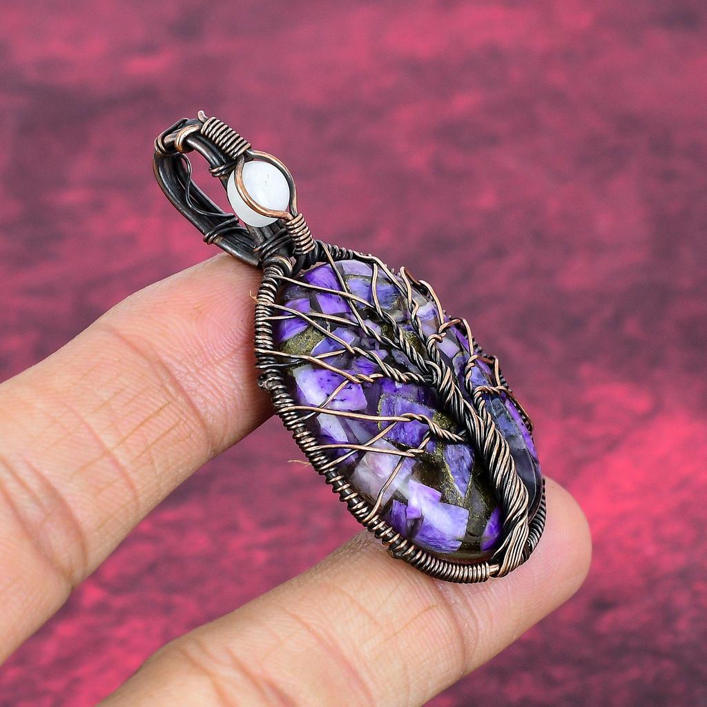 Tree Of Life Charoite Pendant Copper Wire Wrapped Rainbow Moonstone Pendant