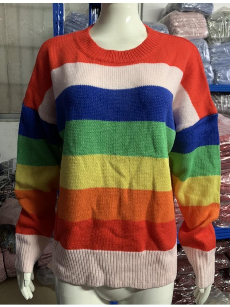 

Striped Colour Block Knit Sweater with Drop Shoulders and Long Sleeves Luxurious Relaxed-fit Slimming and Versatile Top S