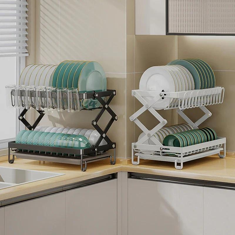 2-Tier Collapsible Bowl Drainer Rack - Foldable Metal Kitchen Counter Storage Holder for Bowls and Utensil Drying
