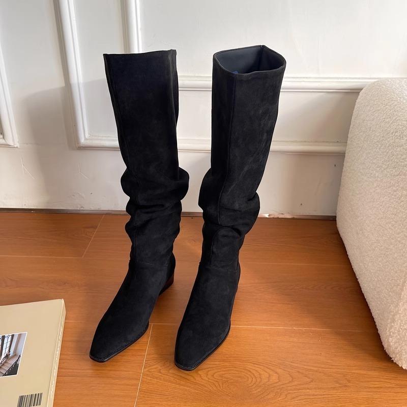 New Wide Tube Thick Leg Long Boots Big Tube Circumferential Boots Women's Flat Bottom Stacking Boots Straight Boots Suede High Boots