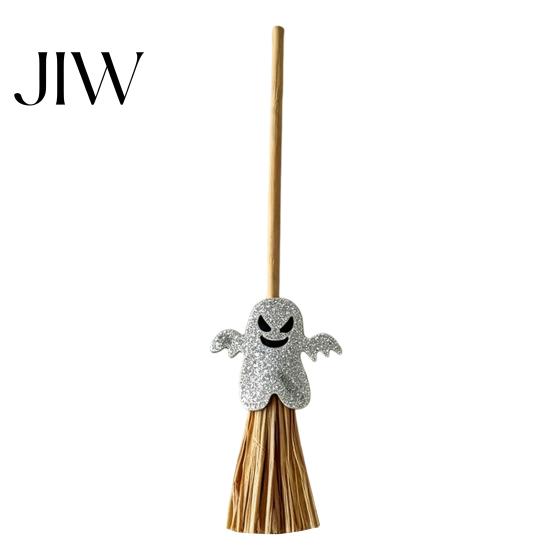 Mini Halloween Desktop Decor Broomstick Ornament, Witch Pumpkin Bat Ghost with Natural Grass Handmade Festive Craft Broom, Tabletop Prop for