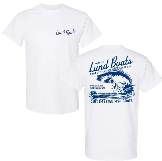 T-shirt da pesca Lund Boats, Maglietta grafica per esterni, Camicia morbida in misto cotone