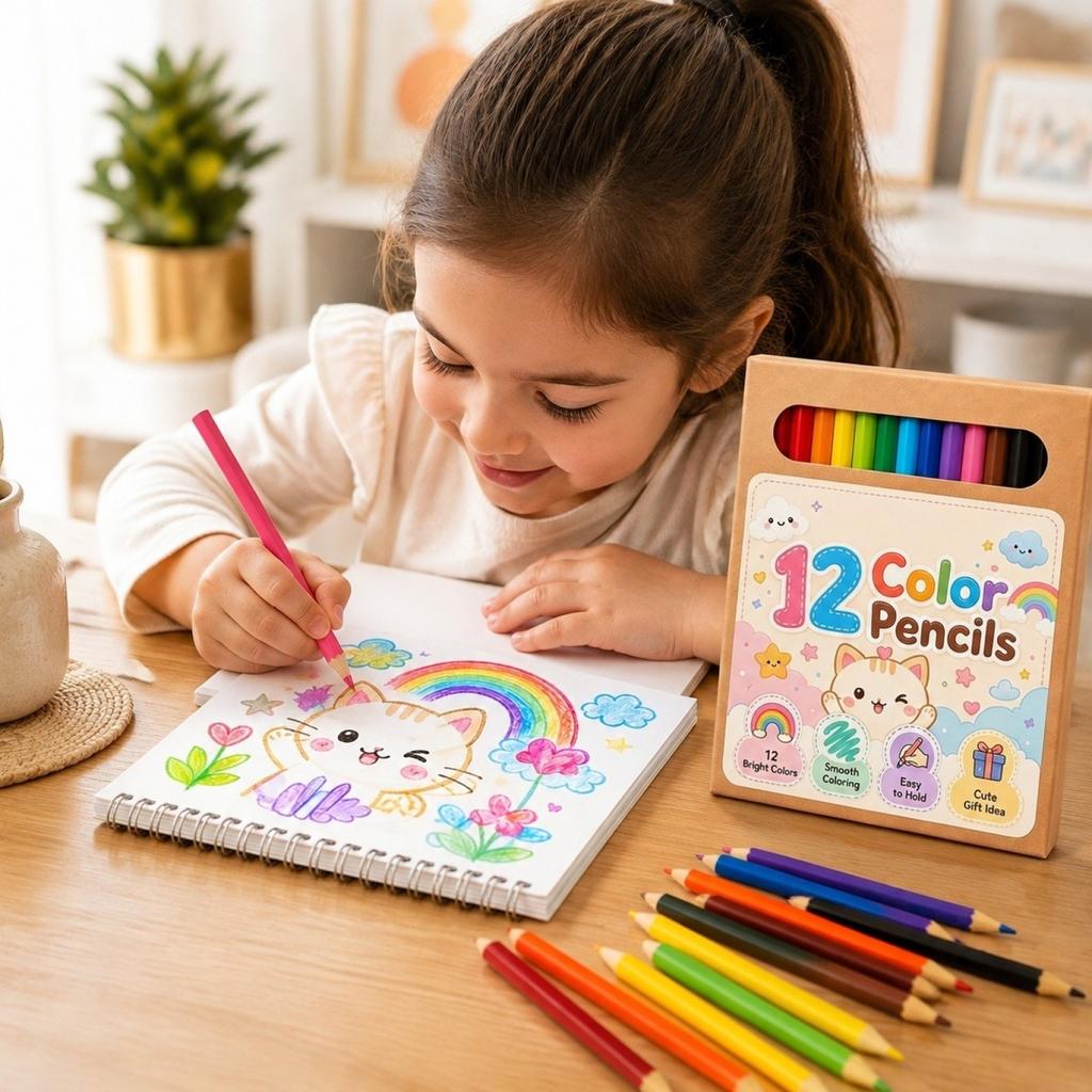 Colored Pencil Set for Kids, 12 Bright Colors, Smooth Coloring, Supplies for School and Home