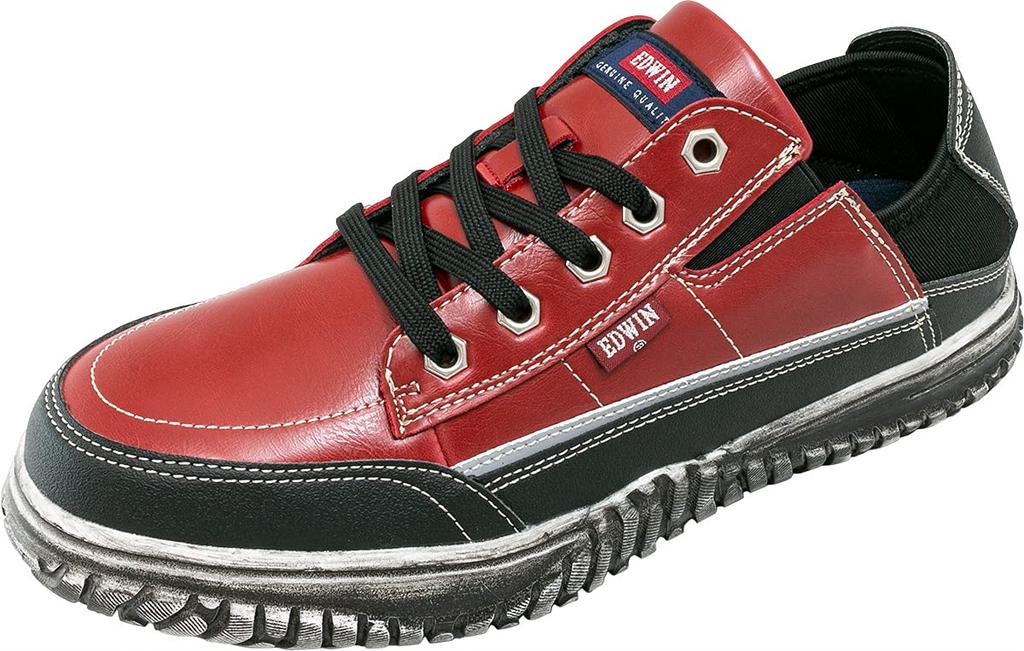 Edwin Safety Shoes with Steel Toe Cap and Size ESM-104 Laces, Slip-On (Red, 27.0)