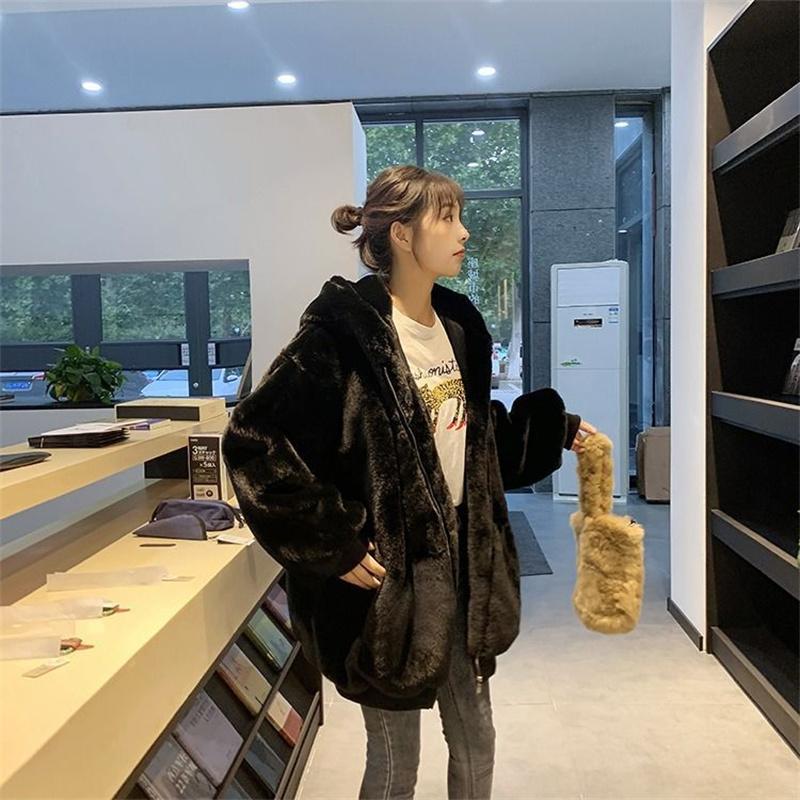 Autumn Winter Imitation Otter Rabbit Fur Grass Coat Women's Medium Long Korean Loose Plush Coats Women Hooded Jacket