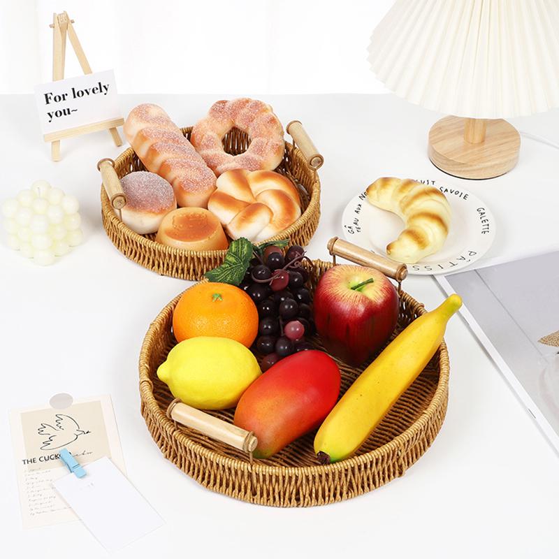 1Pc Plastic Tray Sundry Organizer Tray With Wooden Handle Desktop Decoration Storage Tray Jewelry Placement
