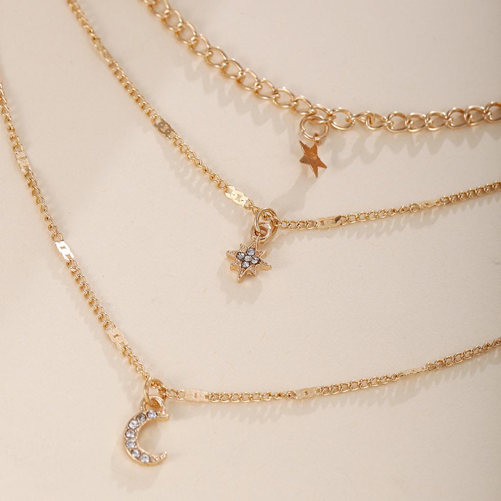 Hot-selling creative diamond-encrusted pentagram crescent pendant multi-layer stacked necklace collarbone chain item