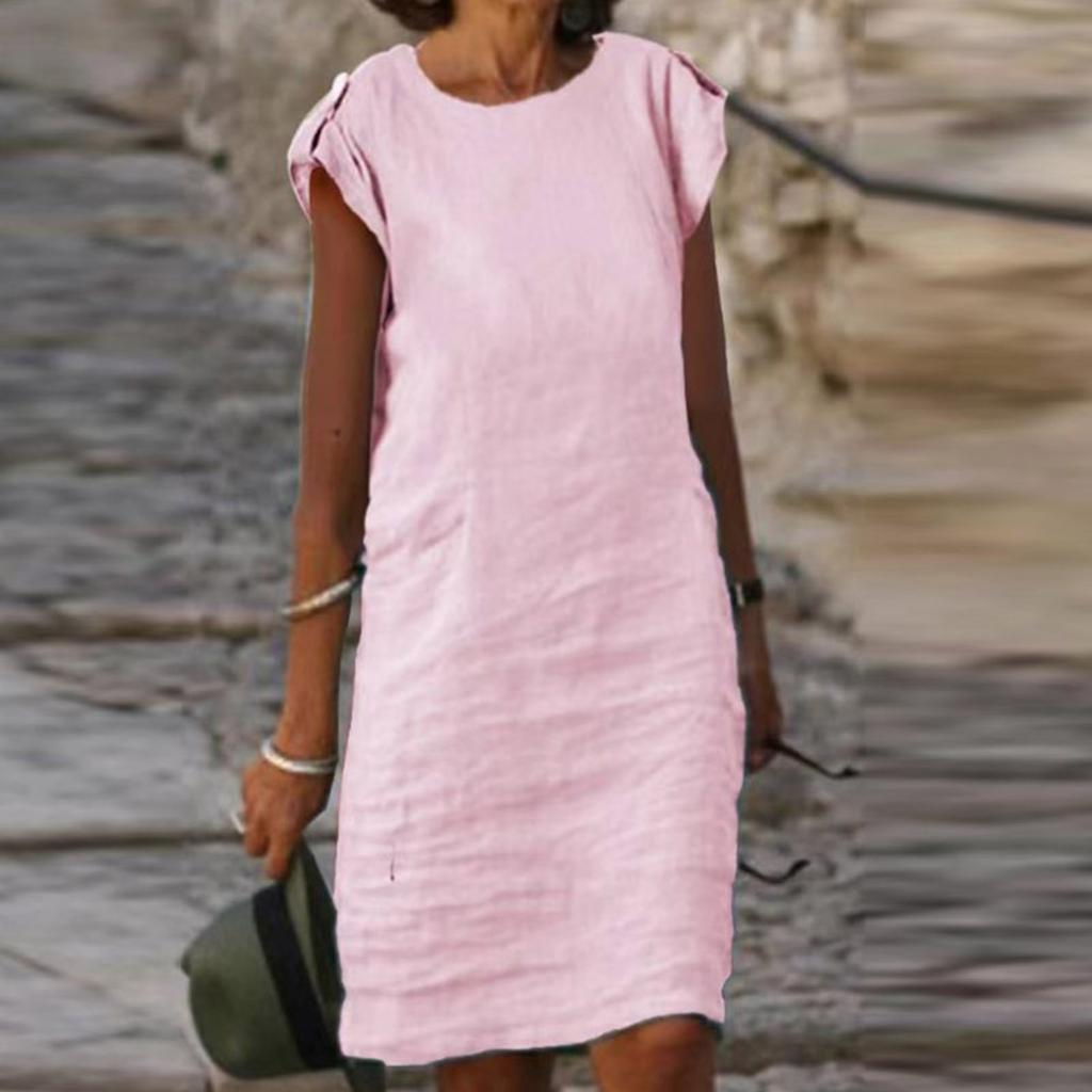 Womens Fashion Color Button Party Dresses Women Elegant O-Neck Short Sleeve Beach Dress Ladies Casual Loose A-Line Dress
