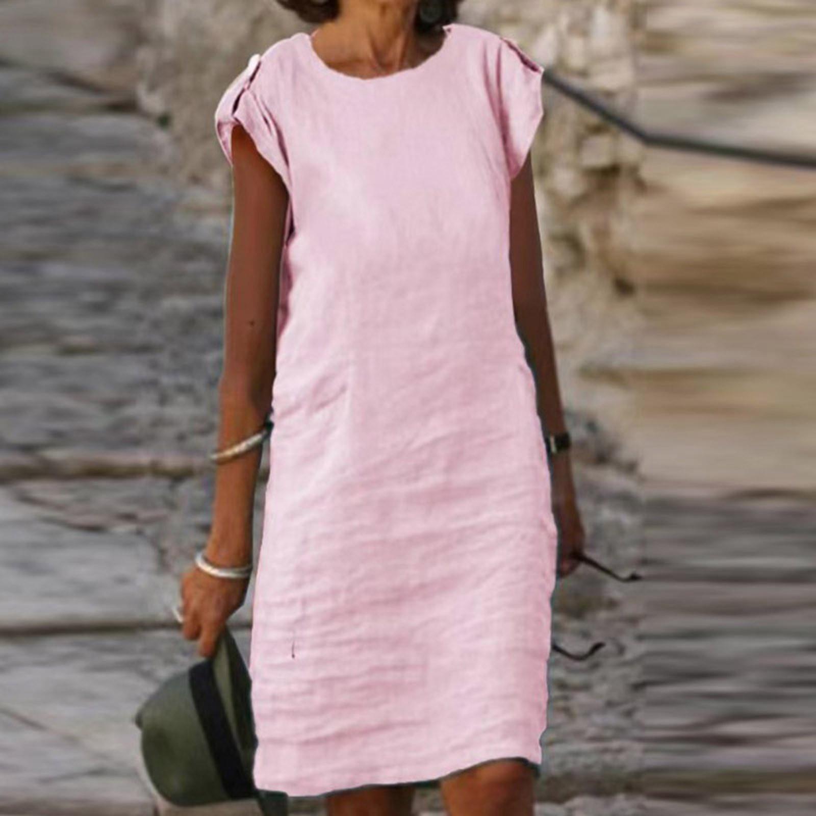 

Womens Fashion Color Button Party Dresses Women Elegant O-Neck Short Sleeve Beach Dress Ladies Casual Loose A-Line Dress M рожевий