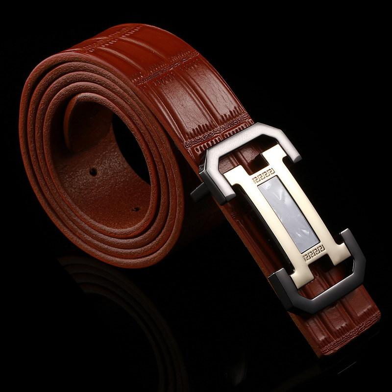 

Belt Alligator pattern smooth buckle belt Men s cowhide belt Casual personalized buckle head belt 100-135CM темно-коричневого кольору