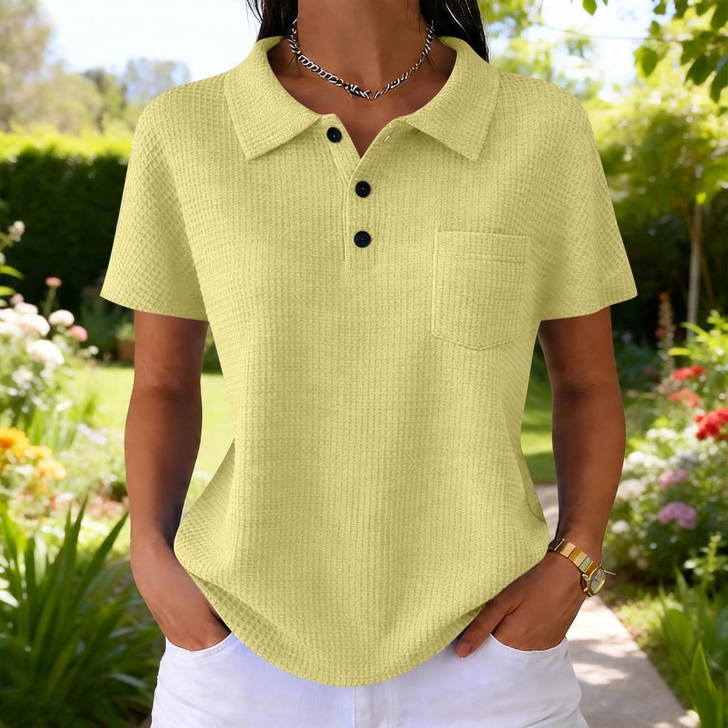 Women's Fashion Color T-Shirt — Vintage V-Neck, Button-Front, -Knit — Casual Short-Sleeve Top for Daily Commuting (Spring/Summer)
