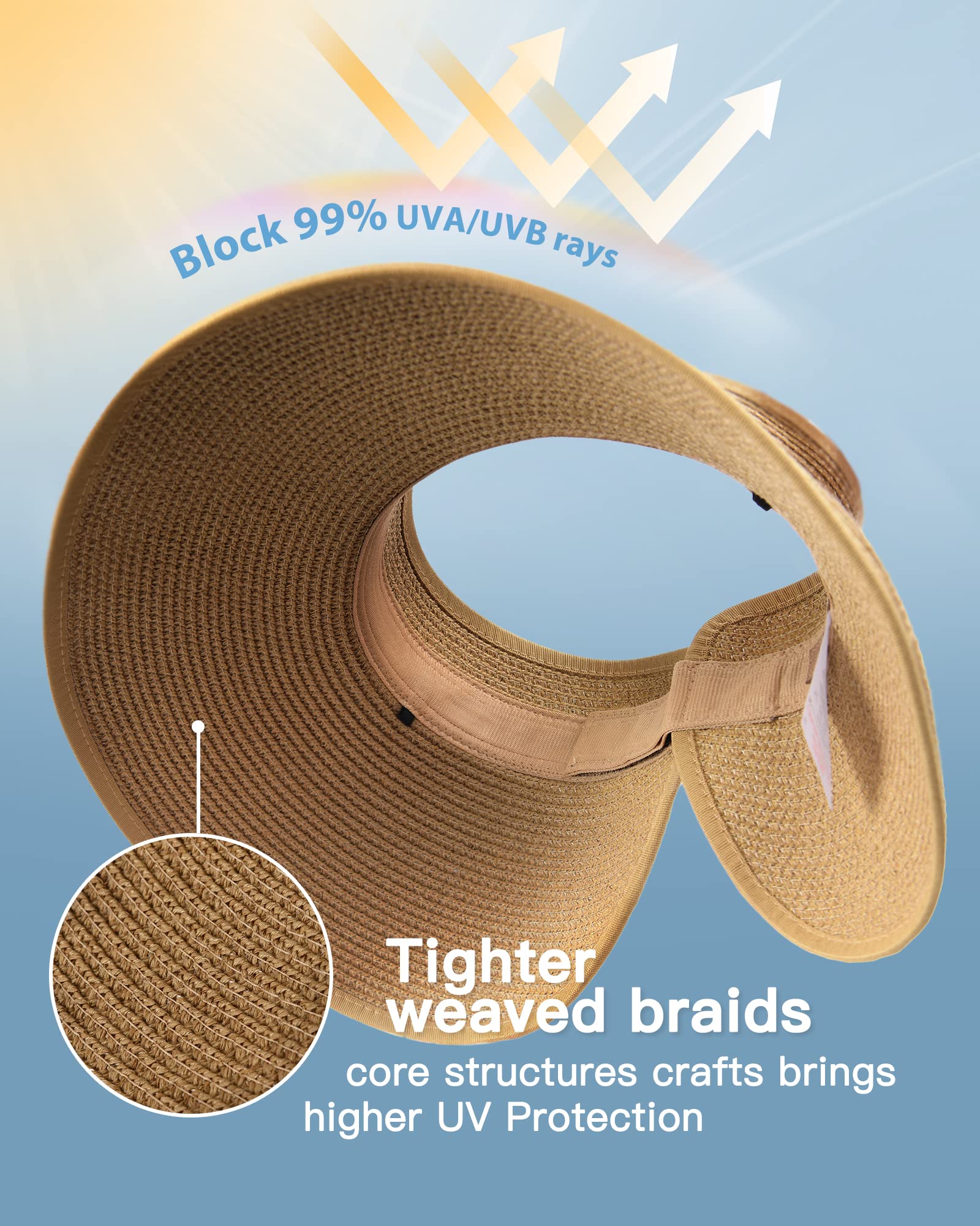 Zealous Sole Women's Black Wide Brim Straw Sun Visor Hat With Ponytail Hole - High Uv Upf Protection, Packable & Foldable - Ideal For Summer Beach Cm