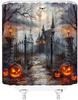 Spooky Halloween Castle Shower Curtain Pumpkin Gothic Haunted House Full Moon Horror Day of The Dead Bat Creepy Tree Scary Goth