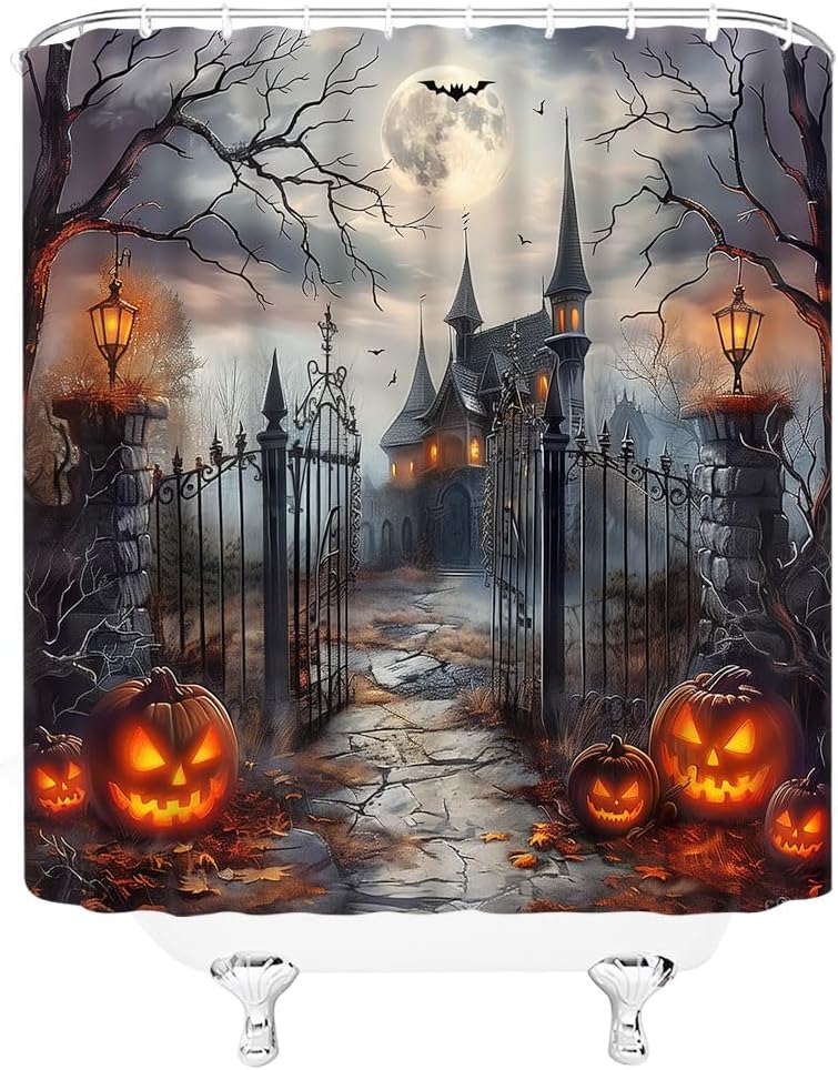 Spooky Halloween Castle Shower Curtain Pumpkin Gothic Haunted House Full Moon Horror Day of The Dead Bat Creepy Tree Scary Goth