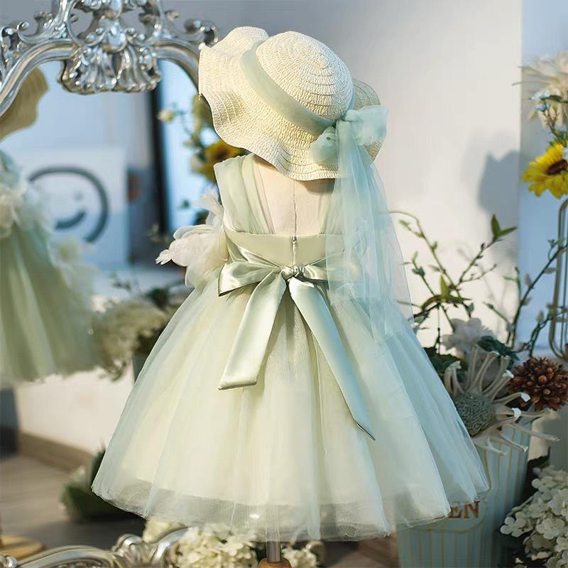 Vestito da Bambina Verde Menta in Tulle con Fiori 3D e Fiocchi Vestito da Fata per Festa per Bambini