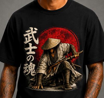 Japanese Samurai Anime T Shirt Mens Bushido Soul Warrior Graphic Tee