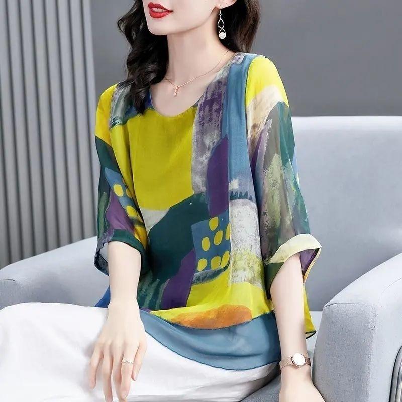 Plus Size Women Printed Chiffon Three Quarter Sleeve Fashionable Blouse