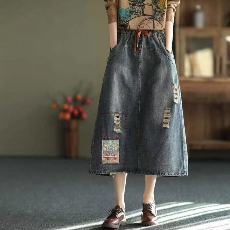 

Джинсовая юбка-полубоди женская летняя хлопковая вышивка ретро высокая талия свободная повседневная приталенная миди-платье L