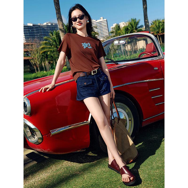 JIUZI Elegant Flocked Sequin Embroidered Short Sleeve T-Shirt