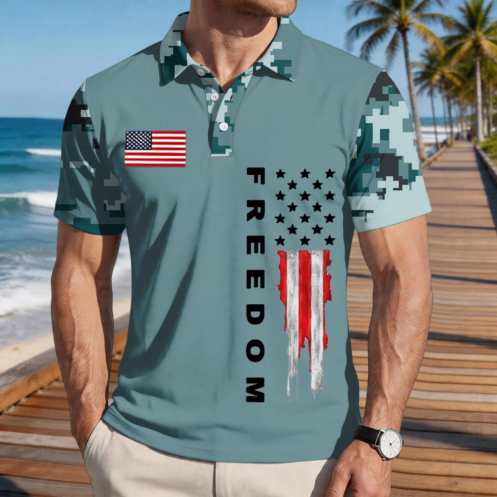 Men's Loose Fit Casual Polo Shirt Short Sleeve Button Down Collar Printed Graphic Tee with Flag Design and Freedom Text