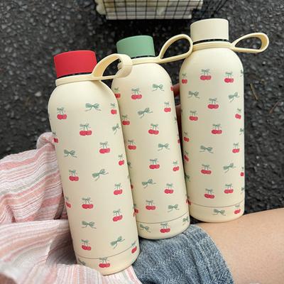 Kawaii Kirsch-Thermosflasche mit Henkel, Kaffeetasse, 500 ml, Edelstahlbecher, süße Wasserflasche für Reisen, Fitnessstudio, Schule, für Mädchen