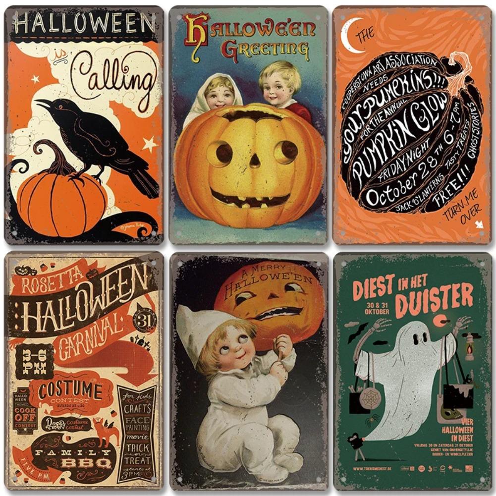 Halloween Night Party Poster Vintage Metal Signs Pumpkin Trick or Treat Metal Tin Plate Wall Art Decor For Bar Pub Club Home