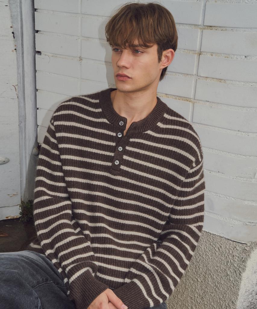 Wednesday Oasis Always Hairy Stripe Henley Neck Wool Knit 4 Colors (Wc25-Kn55)