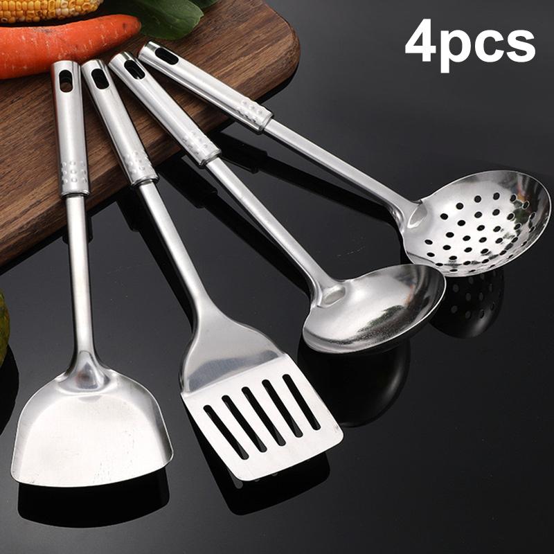 

4 Pcs Durable Stainless Steel Wok Spatula Long Handle Kitchen Gadgets Kitchen Cooking Utensil Set Rice Spoon Ladle Cooking Tools one size