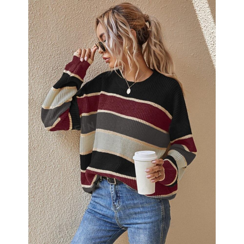 Women's Crew Neck Long Sleeve Knit Sweater Loose Fit Lazy Style Color Block Striped Pullover Top